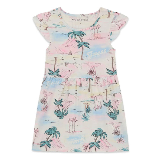 Robe - Guess enfant à manches courtes, imprimé palmiers verts sur fond pastel rose et bleu, vue de face.