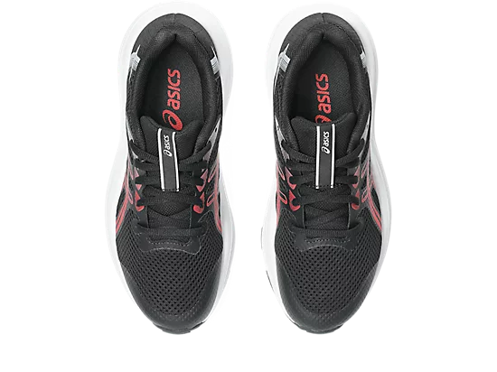 Espadrilles Contend 10 Gs - Asics noires et blanches avec détails rouges, en mesh respirant, vue de dessus, taille enfant.