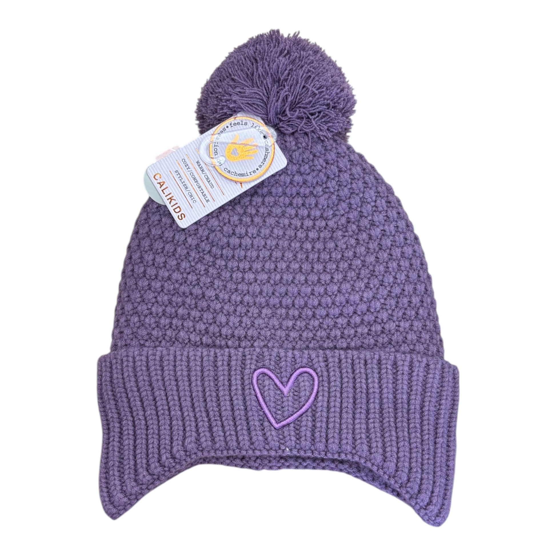 Tuque d'hiver - Calikids violette en tricot avec pompon et cœur sur revers côtelé, pour enfant, vue de face