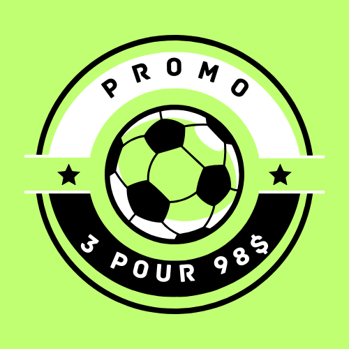 Logo circulaire vert et noir avec un ballon de soccer stylisé au centre, promotion 3 pour 98 dollars visible.