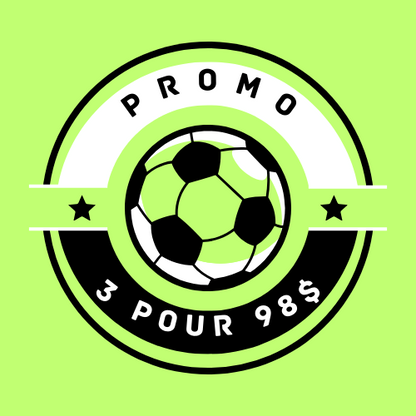 Logo circulaire vert et noir avec un ballon de soccer stylisé au centre, promotion 3 pour 98 dollars visible.