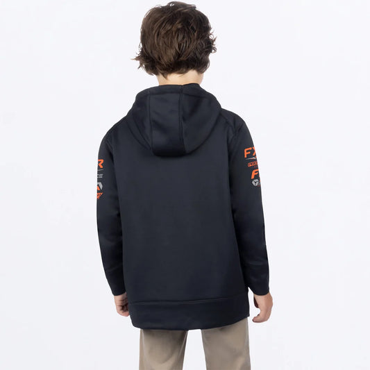 Hoodie Youth Race Division - FXR, sweat à capuche noir pour garçon avec imprimés orange sur les manches, vue de dos