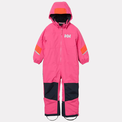 Habit de neige Rider 3.0 Insulated Snow Suit - Helly Hansen rose pour enfant, capuchon, panneaux noirs et bandes orange, vue de face