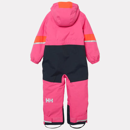 Habit de neige Rider 3.0 Insulated Snow Suit - Helly Hansen rose et bleu marine pour enfant avec capuche et bandes réfléchissantes vue de dos