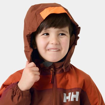 Habit de neige Rider 3.0 Insulated Snow Suit - Helly Hansen brun et orange pour garçon porté avec capuchon relevé vue de face