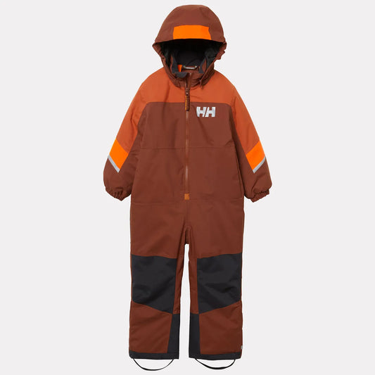 Habit de neige Rider 3.0 Insulated Snow Suit - Helly Hansen brun et orange pour enfant avec capuche vue de face