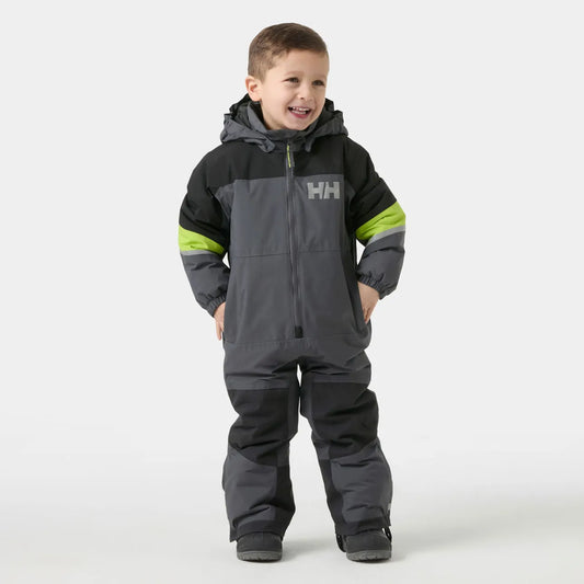 Habit de neige Rider 3.0 Insulated Snow Suit - Helly Hansen gris et noir avec accents vert lime porté par un garçon vue de face
