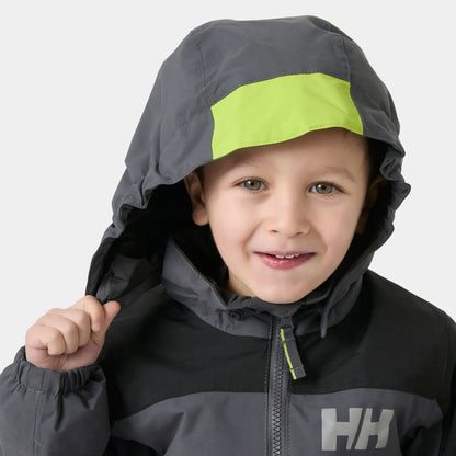 Habit de neige Rider 3.0 Insulated Snow Suit - Helly Hansen noir et gris avec capuchon vert fluo pour garçon vue de face