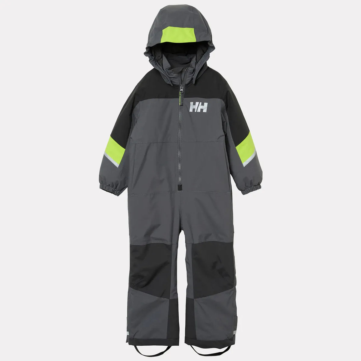 Habit de neige Rider 3.0 Insulated Snow Suit - Helly Hansen, combinaison enfant grise et noire avec accents vert fluo, vue de face avec capuche