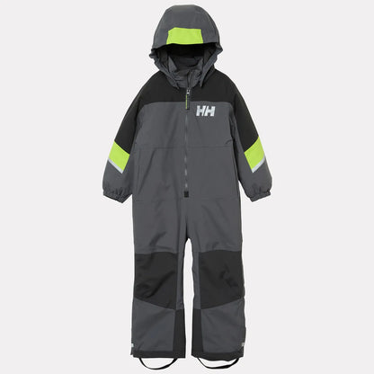 Habit de neige Rider 3.0 Insulated Snow Suit - Helly Hansen, combinaison enfant grise et noire avec accents vert fluo, vue de face avec capuche