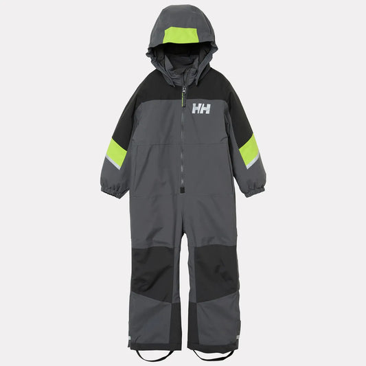Habit de neige Rider 3.0 Insulated Snow Suit - Helly Hansen, combinaison enfant grise et noire avec accents vert fluo, vue de face avec capuche