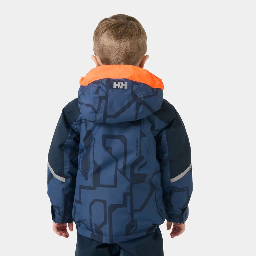 Manteau d'hiver Legend - Helly Hansen bleu marine à motifs géométriques et capuche orange pour garçon vue de dos