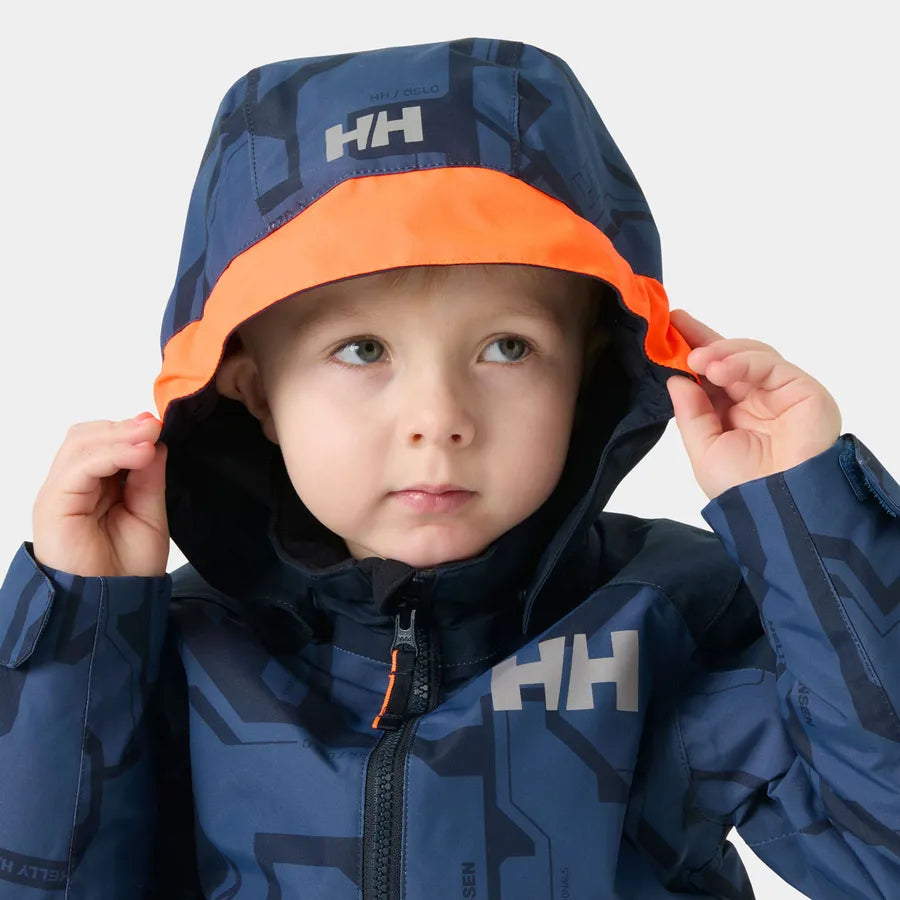 Manteau d'hiver Legend - Helly Hansen bleu marine à capuche bordée d'orange, porté de face par un enfant