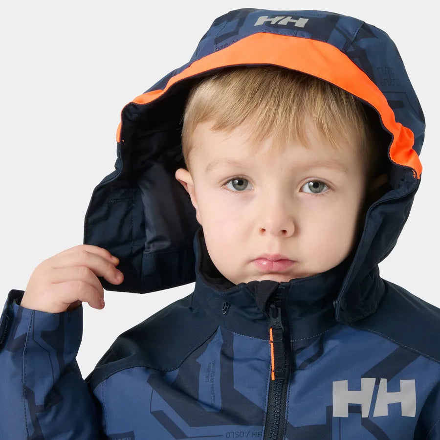 Manteau d'hiver Legend - Helly Hansen bleu marine et orange à capuche porté de face par un garçon enfant en hiver
