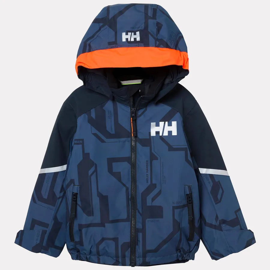 Manteau d'hiver Legend - Helly Hansen bleu marine à motifs avec capuche bordée d'orange pour enfant vue de face