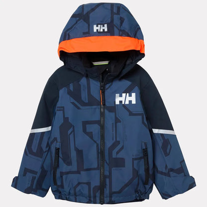 Manteau d'hiver Legend - Helly Hansen bleu marine à motifs avec capuche bordée d'orange pour enfant vue de face