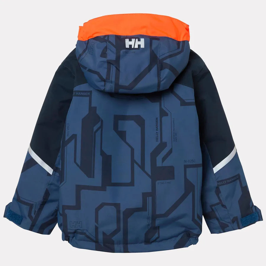 Manteau d'hiver Legend - Helly Hansen bleu marine à motifs géométriques avec capuche orange et bandes réfléchissantes vue de dos