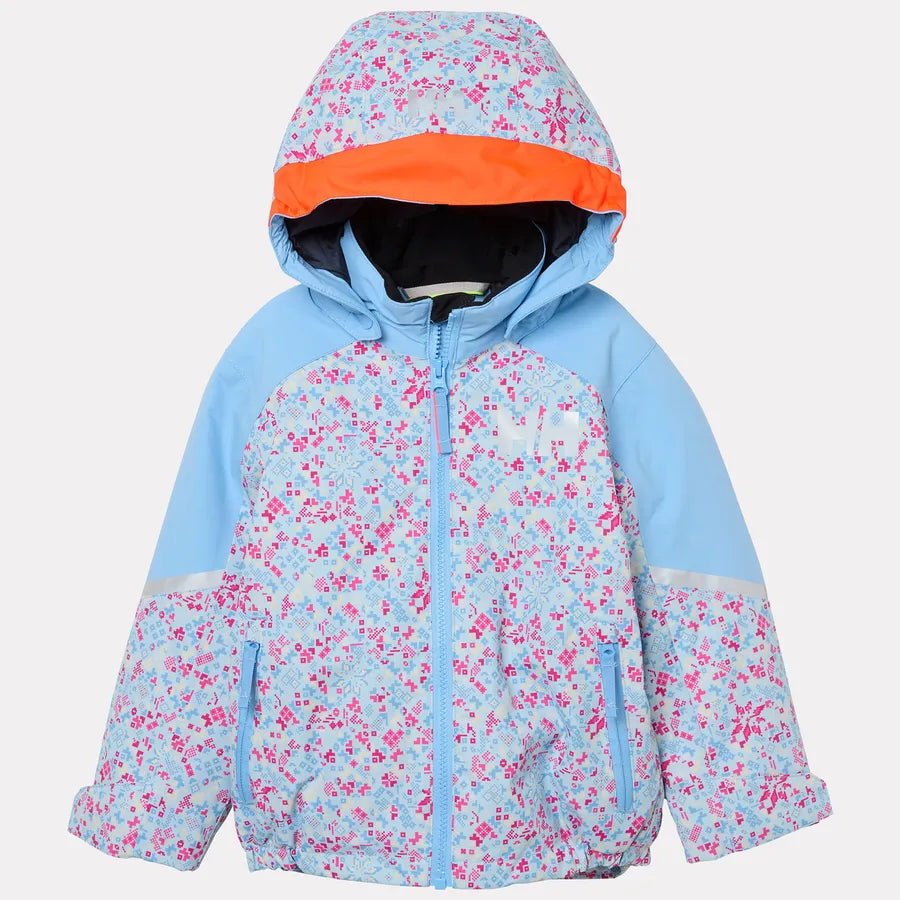 Manteau d'hiver Rider - Helly Hansen bleu clair à motifs floraux roses et bordure orange pour enfant vue de face