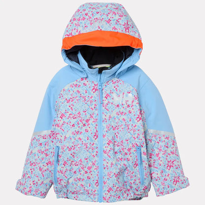 Manteau d'hiver Rider - Helly Hansen bleu clair à motifs floraux roses et bordure orange pour enfant vue de face