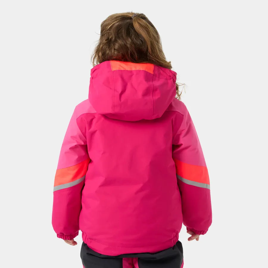 Manteau d'hiver Rider - Helly Hansen rose et corail avec bande réfléchissante grise, imperméable, porté par une enfant vue de dos