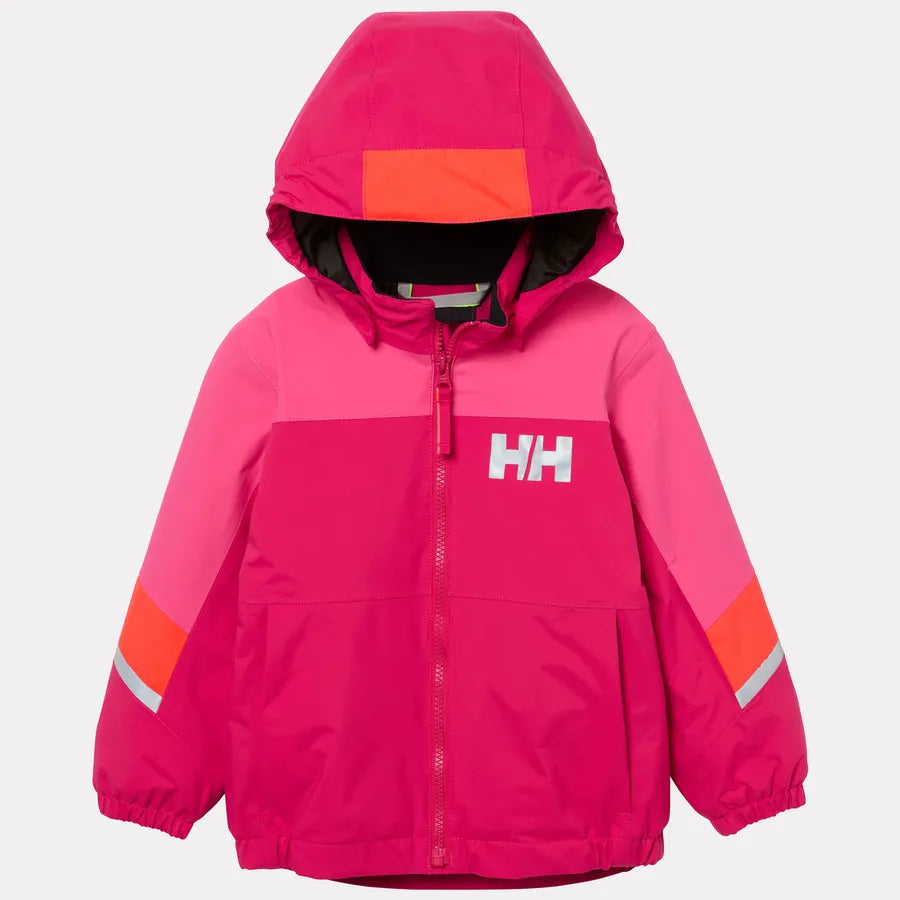 Manteau d'hiver Rider - Helly Hansen rose fuchsia avec capuche, détails orange et bandes réfléchissantes, coupe enfant, vue de face.