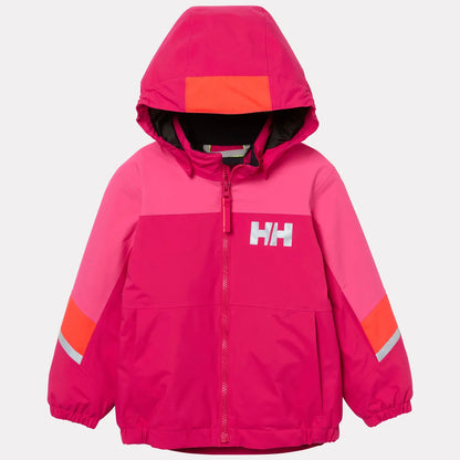 Manteau d'hiver Rider - Helly Hansen rose avec touches orange et bande réfléchissante sur les manches, coupe à capuche, vue de face, enfant.