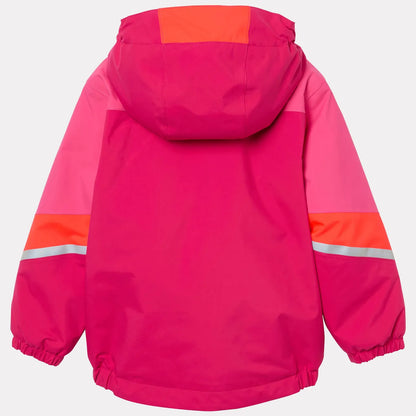 Manteau d'hiver Rider - Helly Hansen pour enfant, vue de dos, couleur rose vif, rose clair et orange avec bandes réfléchissantes, tissu imperméable.