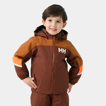 Manteau d'hiver Rider - Helly Hansen pour enfant garçon, coupe droite, marron et orange avec capuche, porté de face, tissu imperméable technique.
