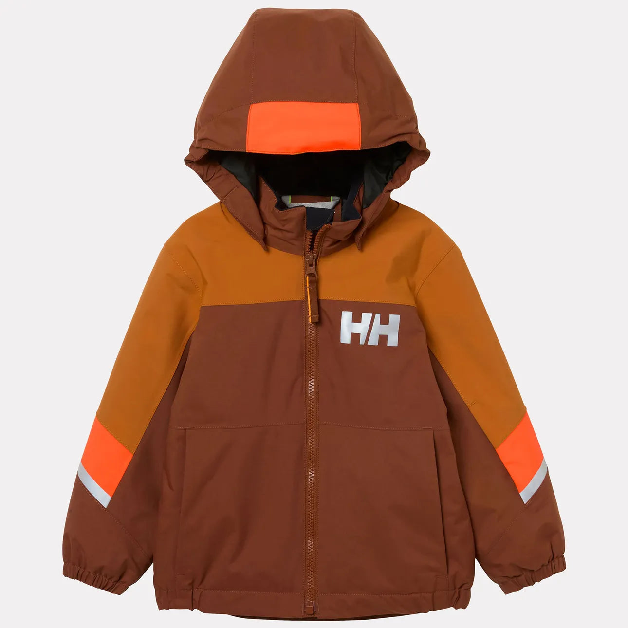 Manteau d'hiver Rider - Helly Hansen marron et orange avec capuche, fermeture zippée, détails réfléchissants gris, pour enfant, vue de face.