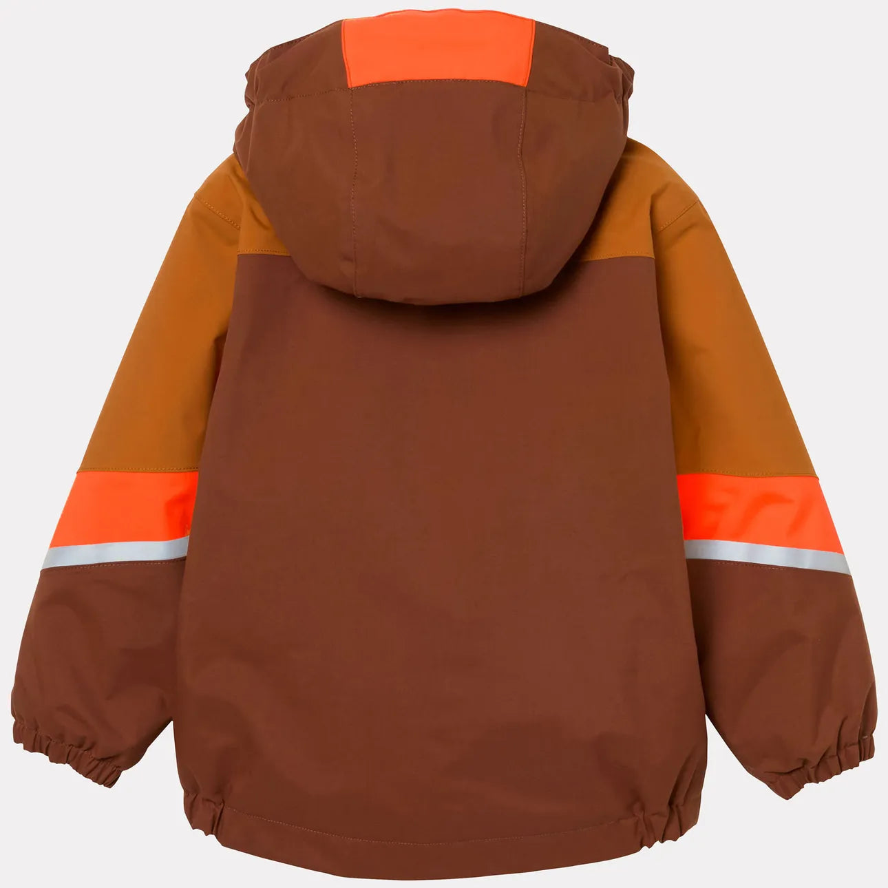 Manteau d'hiver Rider - Helly Hansen marron et orange avec capuche, bandes réfléchissantes argentées, vue de dos, pour enfant