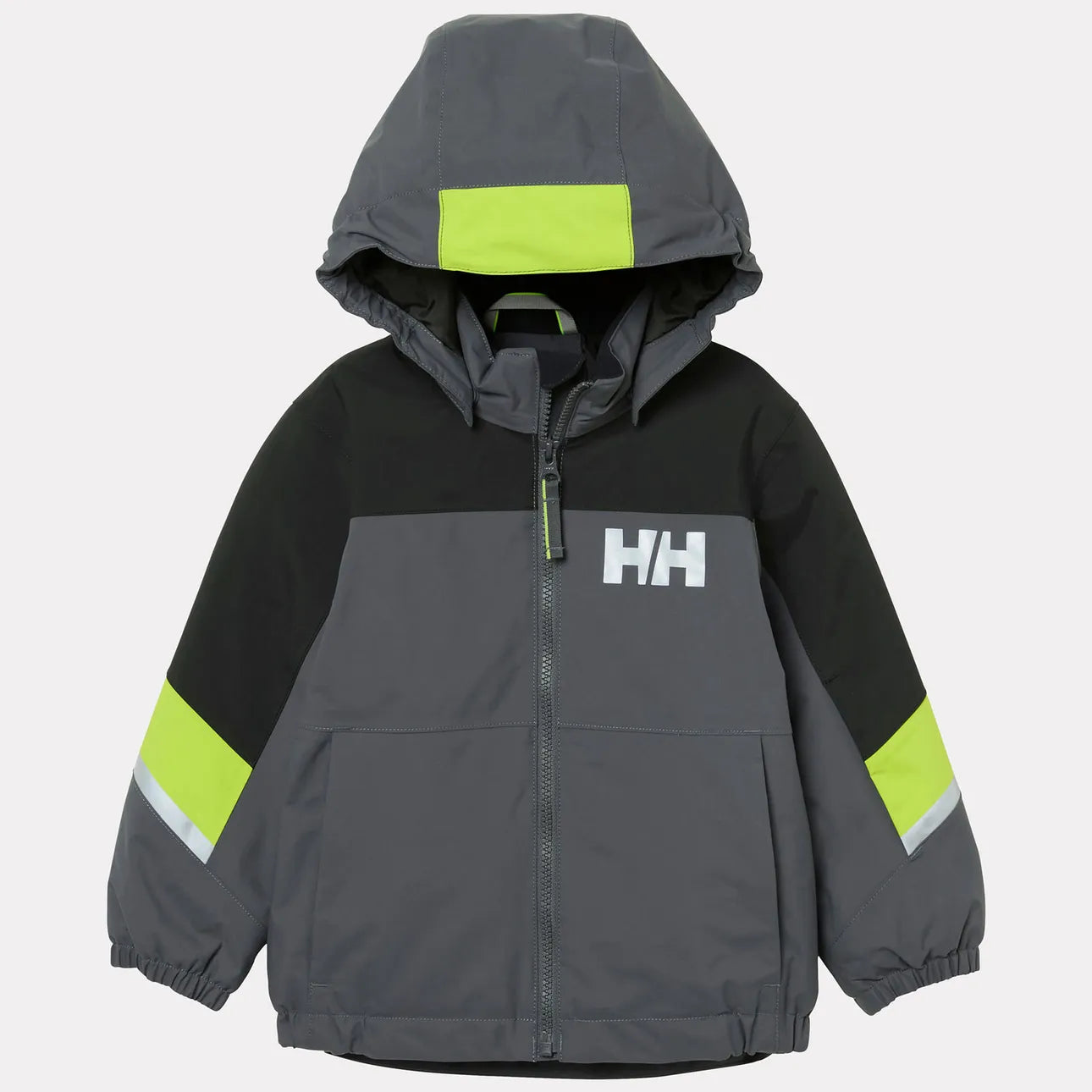 Manteau d'hiver Rider - Helly Hansen gris foncé avec noir et bandes vert fluo, capuche intégrée, coupe droite, vue de face.