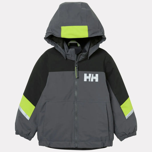 Manteau d'hiver Rider - Helly Hansen gris foncé avec noir et bandes vert fluo, capuche intégrée, coupe droite, vue de face.