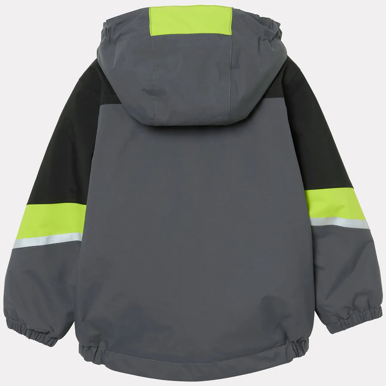 Manteau d'hiver Rider - Helly Hansen pour enfant, vue de dos, tissu synthétique gris avec manches noires, bandes jaunes et reflet argenté.
