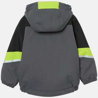 Manteau d'hiver Rider - Helly Hansen pour enfant, vue de dos, tissu synthétique gris avec manches noires, bandes jaunes et reflet argenté.