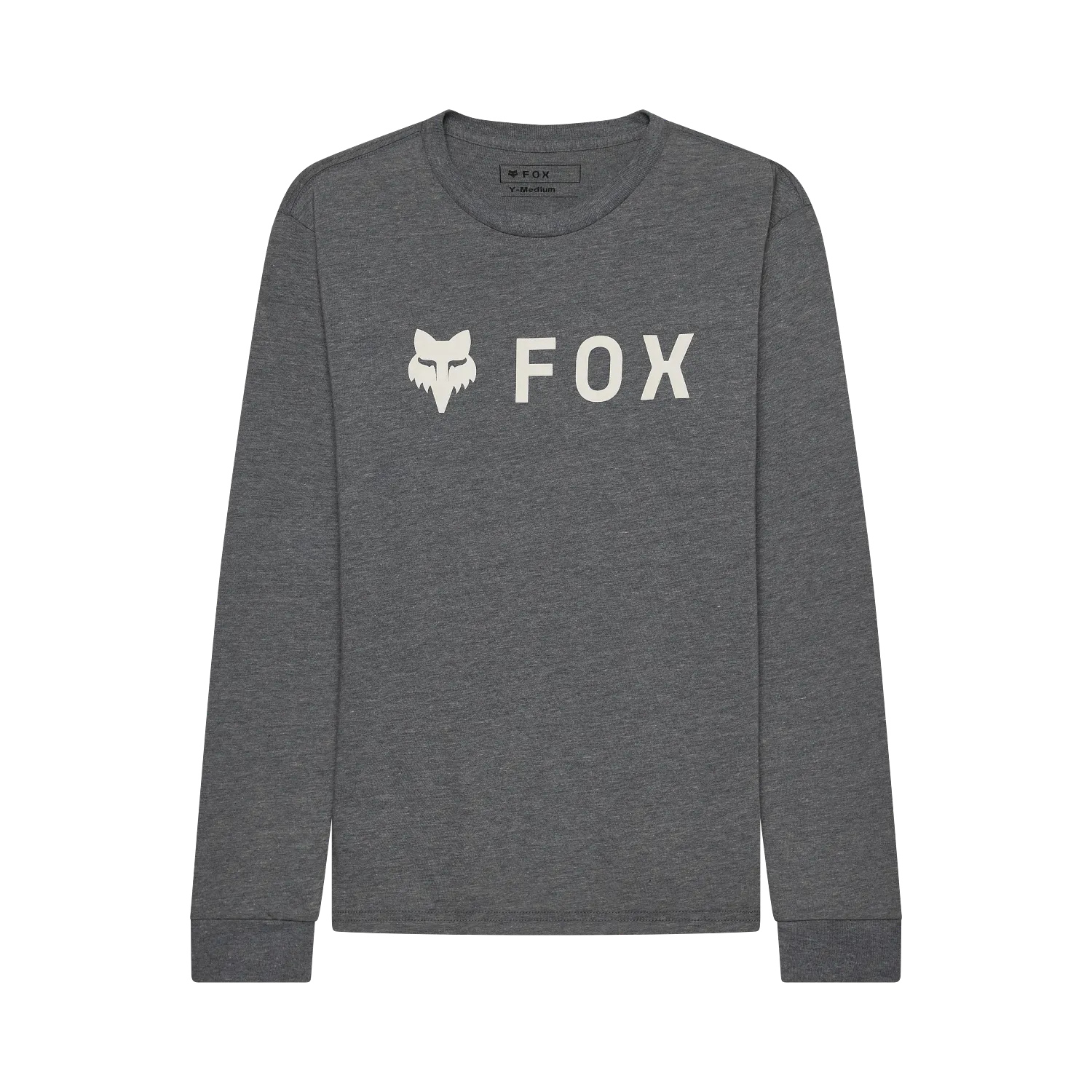 Sweat-shirt gris foncé à manches longues avec logo blanc "FOX" et tête de renard stylisée, vue de face.
