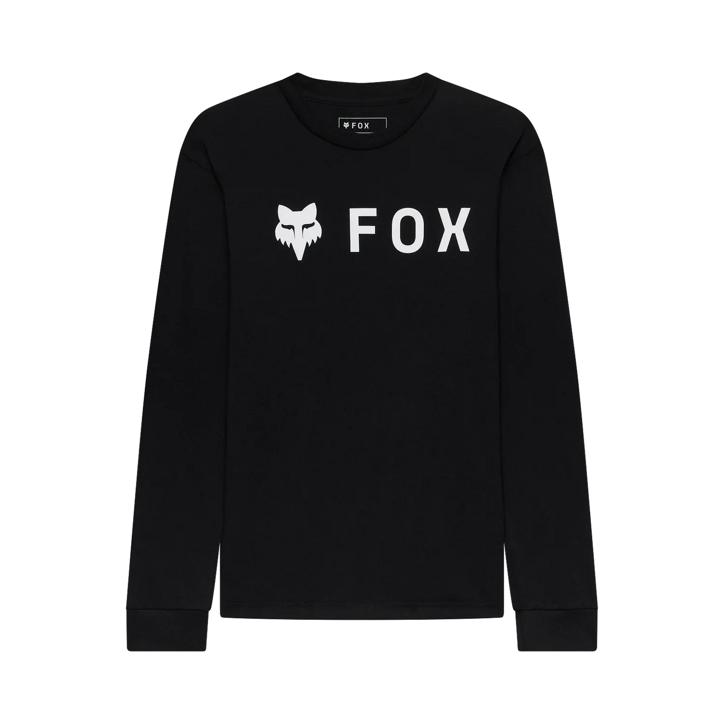 Chandail - Fox noir à manches longues en coton avec logo blanc de tête de renard et texte FOX, vue de face.
