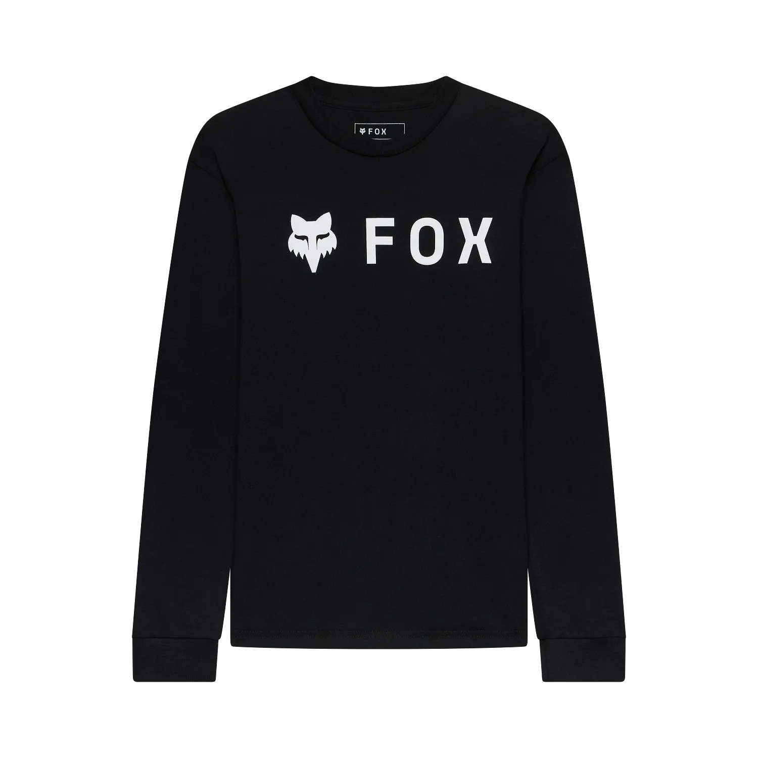 Chandail - Fox noir à manches longues en coton avec logo blanc de tête de renard et texte FOX, vue de face.