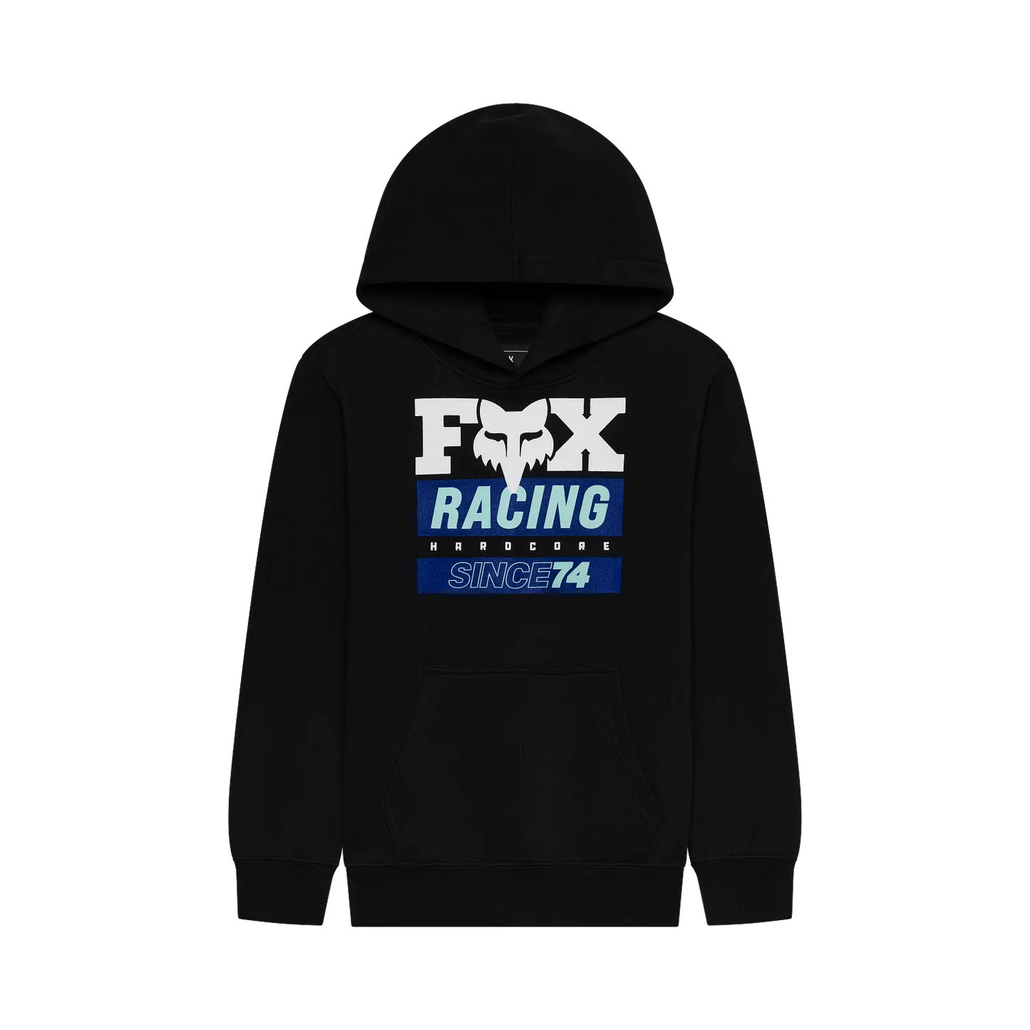 Sweat à capuche noir avec logo blanc et texte bleu "FOX RACING HARDCORE SINCE 74" sur le devant, vue de face.