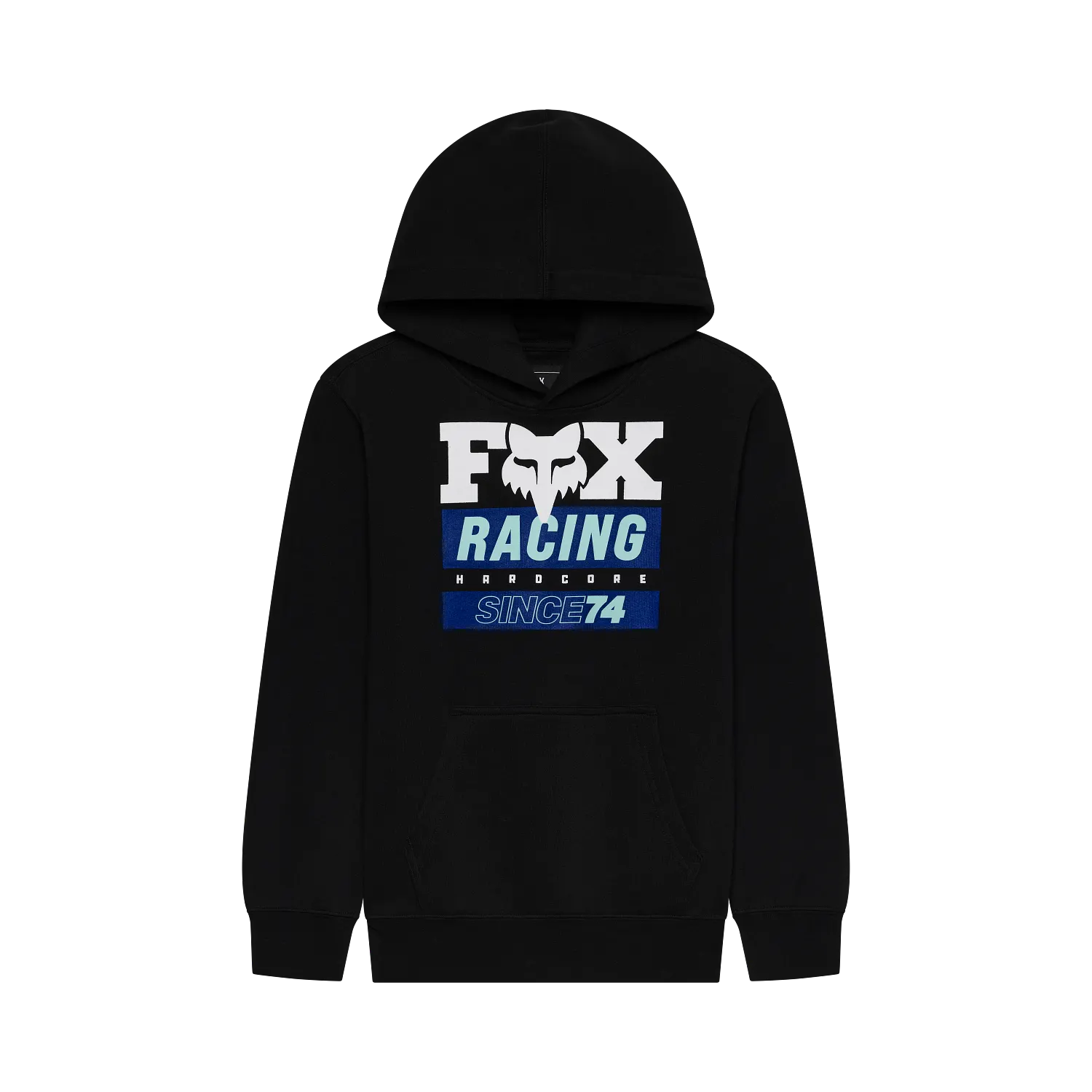 Sweat à capuche noir avec logo blanc et texte bleu "FOX RACING HARDCORE SINCE 74" sur le devant, vue de face.