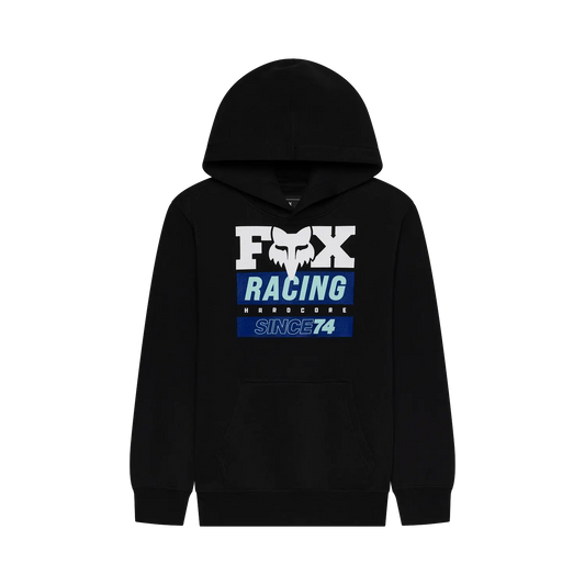 Sweat à capuche noir avec logo blanc et texte bleu "FOX RACING HARDCORE SINCE 74" sur le devant, vue de face.