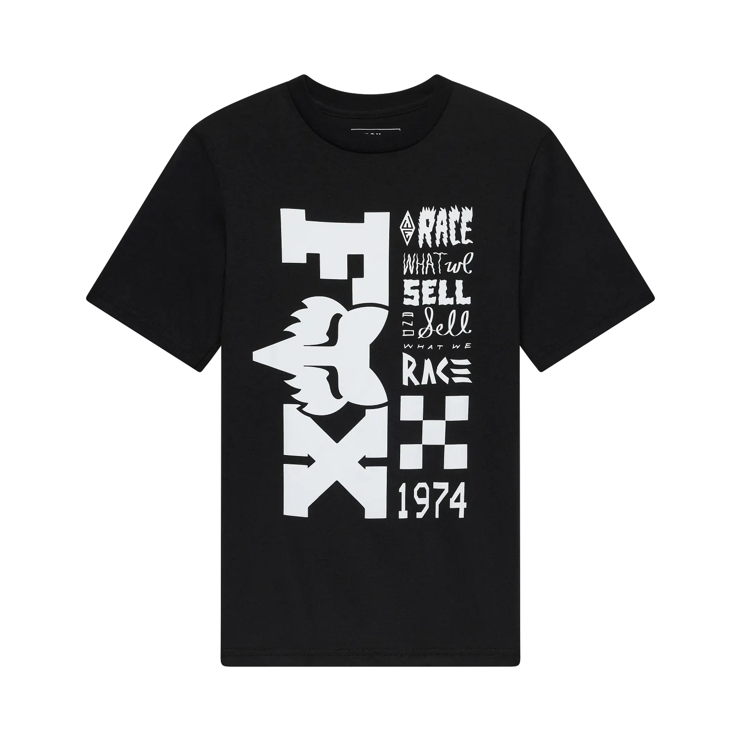 T-Shirt - Fox noir en coton avec imprimé graphique blanc stylisé et texte, pour enfant, vue de face.