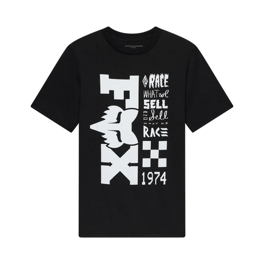 T-Shirt - Fox noir en coton avec imprimé graphique blanc stylisé et texte, pour enfant, vue de face.