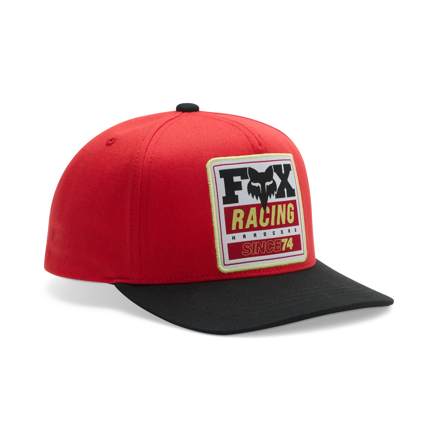 Casquette Since 74 Snapback - Fox rouge avec visière noire, logo Fox Racing sur le devant, style snapback, vue de côté.