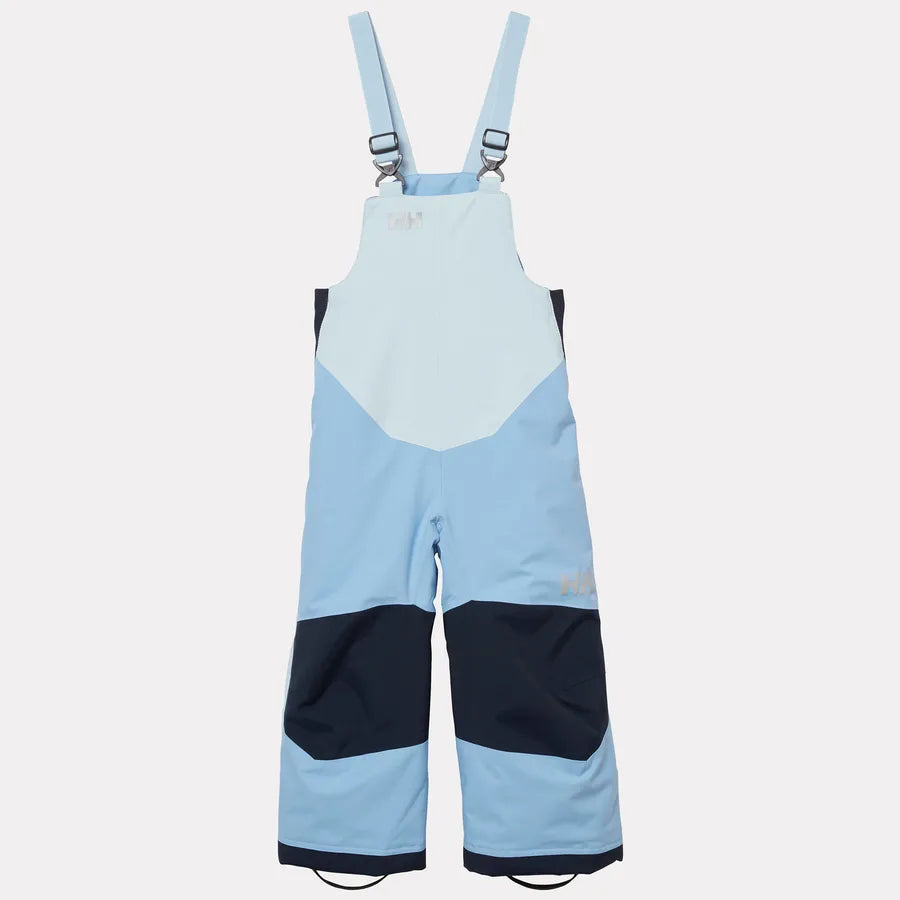 Salopette de neige Rider - Helly Hansen bleu clair et bleu marine pour enfant vue de face avec bretelles réglables et renforts aux genoux
