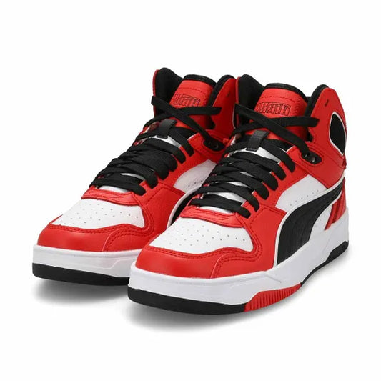 Chaussures RBD Break Mid Jr - Puma en cuir rouge, blanc et noir, style montante pour enfant, vue de trois quarts avant.