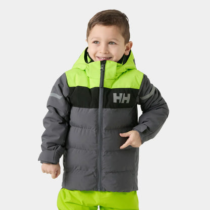 Manteau d'hiver Vertical - Helly Hansen pour enfant garçon, coupe droite, couleurs vert fluo, noir et gris, vue de face porté sur mannequin.