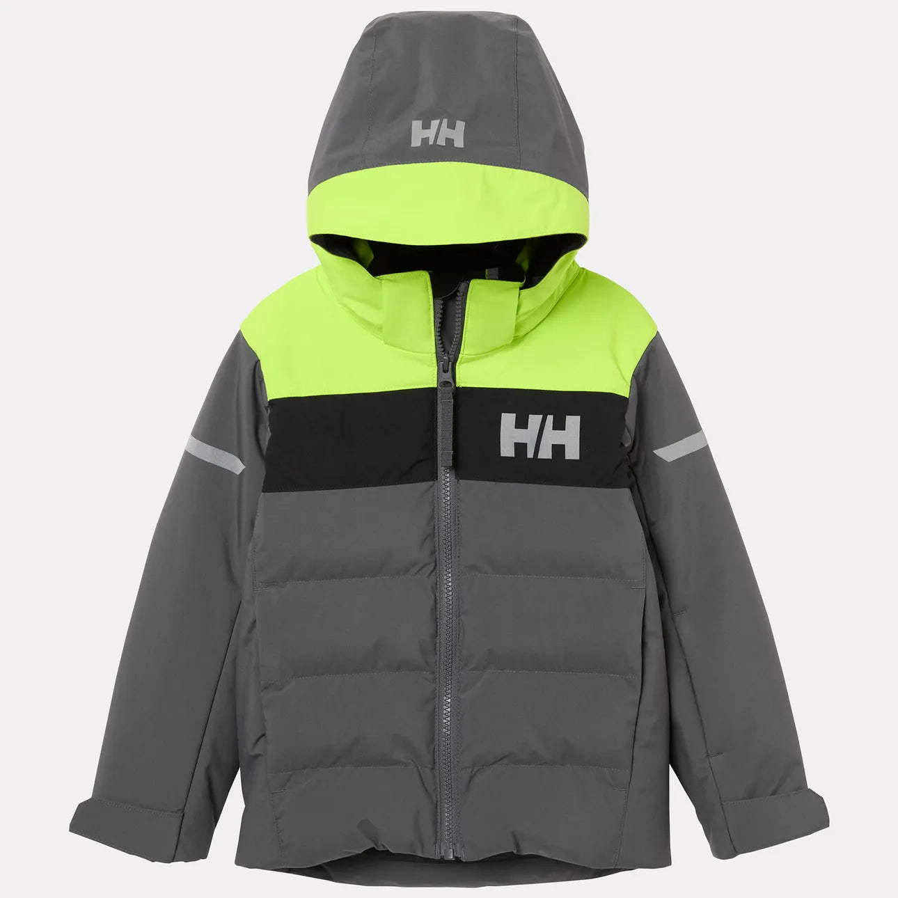 Manteau d'hiver Vertical - Helly Hansen pour enfant, coupe droite, gris avec haut vert fluo et bande noire, capuche intégrée, vue de face.