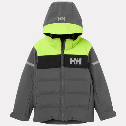 Manteau d'hiver Vertical - Helly Hansen pour enfant, coupe droite, gris avec haut vert fluo et bande noire, capuche intégrée, vue de face.