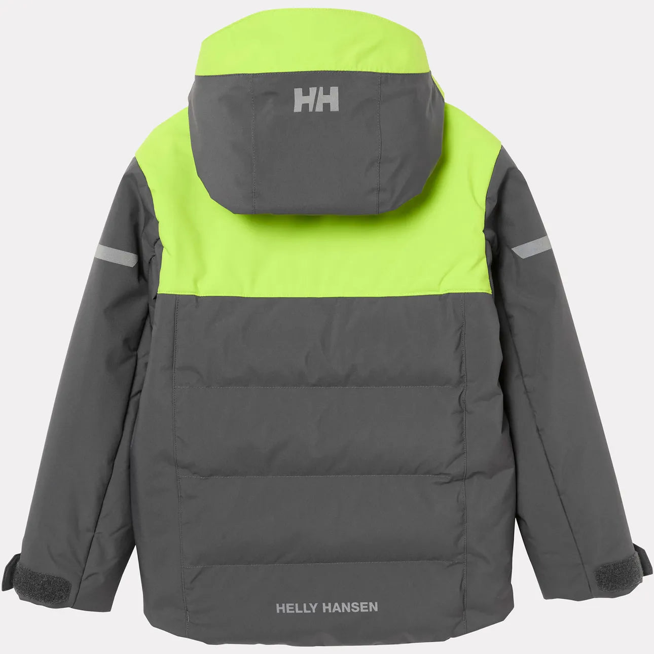 Manteau d'hiver Vertical - Helly Hansen gris et vert lime, style matelassé avec capuche, vue de dos sur fond blanc.