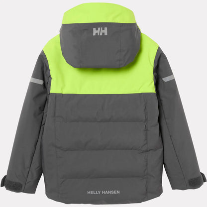 Manteau d'hiver Vertical - Helly Hansen gris et vert lime, style matelassé avec capuche, vue de dos sur fond blanc.